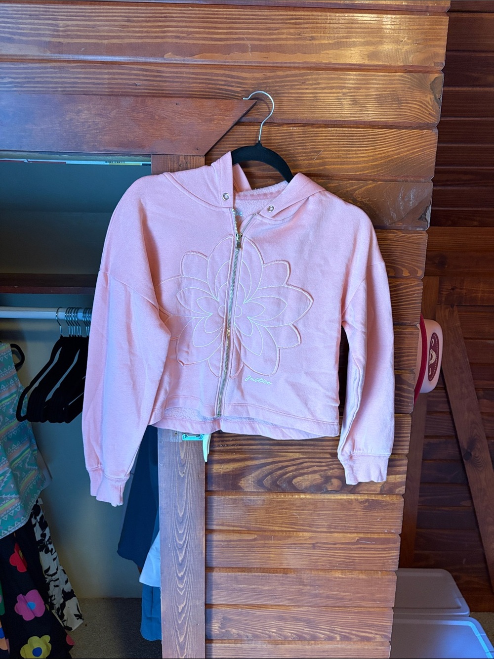 Justice Light Pink Zip Hoodie with Floral Stitching